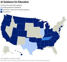 AI Guidance for Education. Map of US showing which states have policy. Please contact SREB for details.